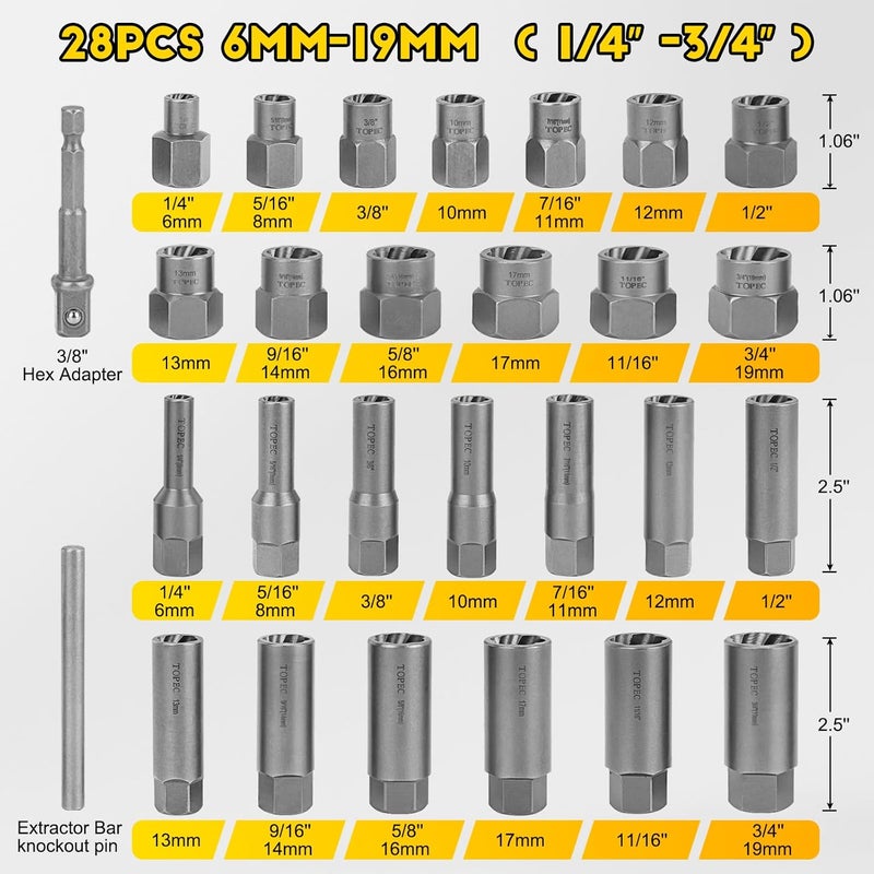 Topec Deep Bolt Extractor Set 28PCS, 3/8" Drive Bolt Extractor Kit, Spark Plug Extractor Socket Set, Lug Nut Removal Tool for Stripped, Broken, Rounded Bolts Lug Nut Stud Remove - Image 3